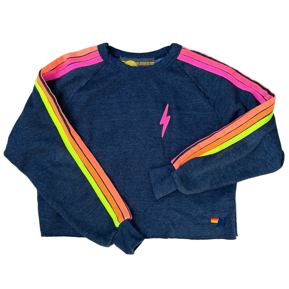 Aviator Nation Crewneck Sweatshirt Small Navy Neon Stripe Bolt Crop Pullover